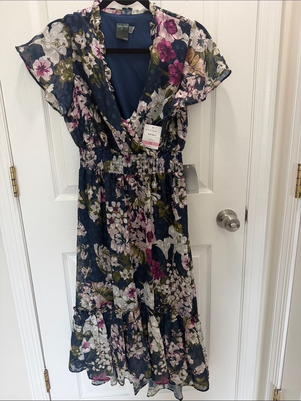 Navy Floral Tiered Dress with Pink and Olive Accents